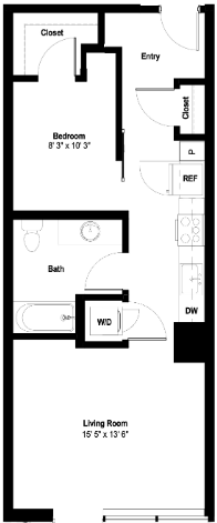 Floor plan for 1 bed, 1 bath, 649 sqft